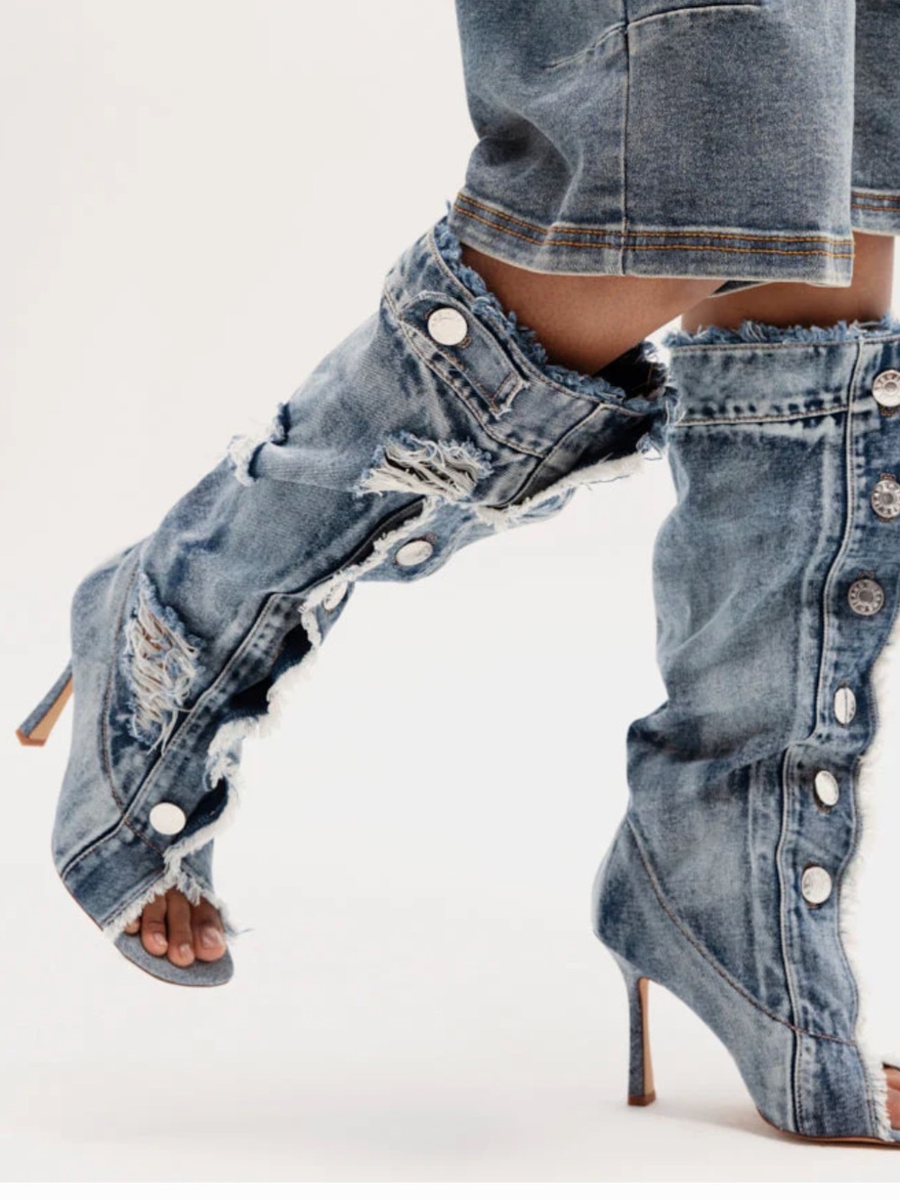 Denim Distressed Open-Toe Heeled Boots - Blue